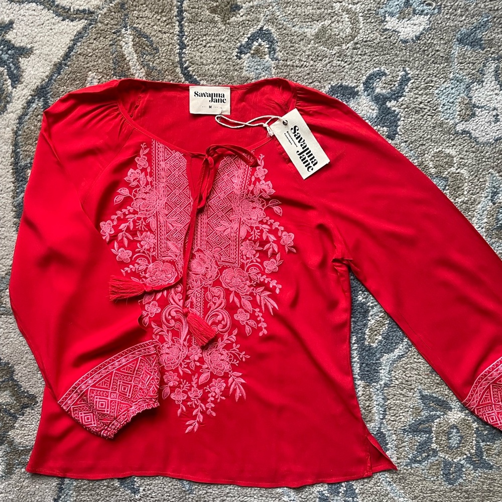 Savanna Jane Red and Pink Embroidered 3/4 Sleeve Blouse NWT